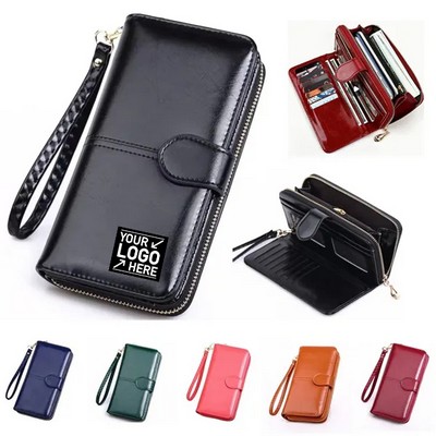 Long Trifold Leather Wallet with Multiple Card Slots and Coin Pocket