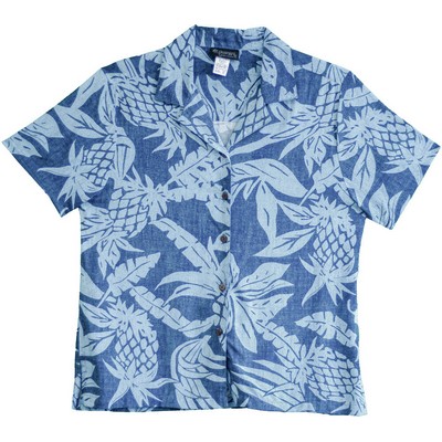 Ladies Hawaiian Tropical Print 100% Rayon Silky Feel Bahama Blue Shirt