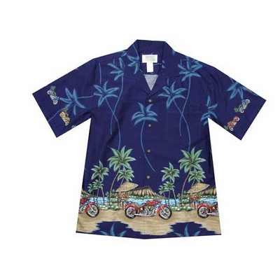 Navy Hawaiian Border Print Cotton Poplin Shirt w/ Button Front