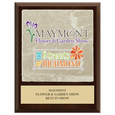 Cherry Finish Plaque w/ Tumbled Stone Tile & Engraved Plate (7"x9")