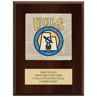 Cherry Finish Plaque w/ Tumbled Stone Tile & Engraved Plate (9"x12")