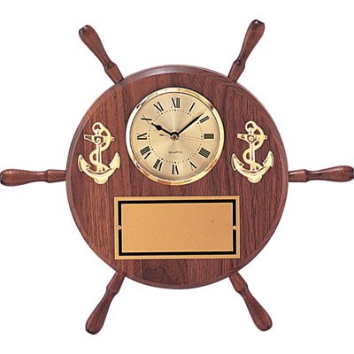 Genuine Walnut Ship's Wheel Plaque w/Clock, Anchors & Engraving Plate