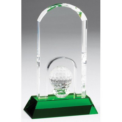 Optic Crystal Golf Arch of Fame Award with crystal golf ball and green pedestal base - 7'' h