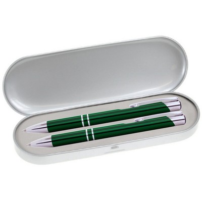 JJ Series Pen and Pencil Gift Set in Silver Tin Gift Box with Hinge Cover - Green pen