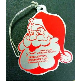 Santa head shaped Ornament with a screen printed imprint and an assembled tassel/string