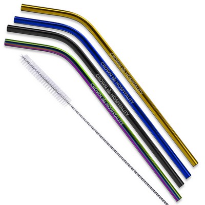 Bent Black, Blue and Rainbow Stainless Steel Straw, qty 4