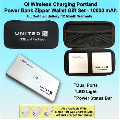 Qi Wireless Charging Portland Power Bank Zipper Wallet Gift Set 10000 mAh - White