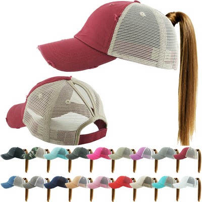 Distressed Ponytail Mesh Cotton Cap