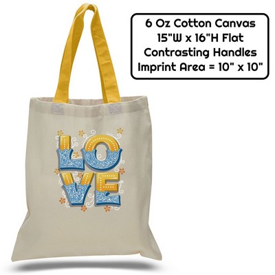 Value 6 oz Cotton Canvas Tote Bag - Contrasting Handle - 15"W x16"H x 21"Handle