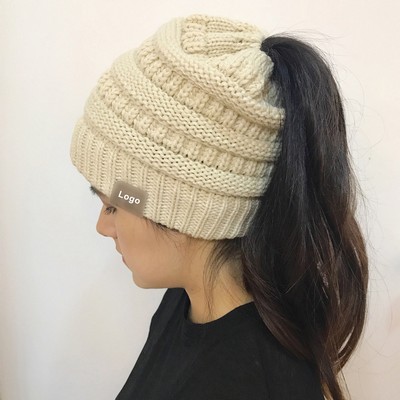 Ponytail Messy Bun Beanie Tail Women's Solid Ribbed Hat Cap