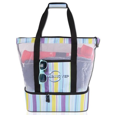 Mesh Beach Bag W/ Insulated Cooler Compartment Stripe