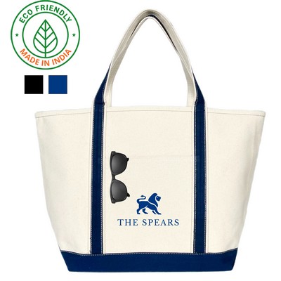 20 oz Cotton Canvas Boat Bag Navy Blue Trim - Eco Friendly Riverside Open Top Tote 20 x 13 x 7