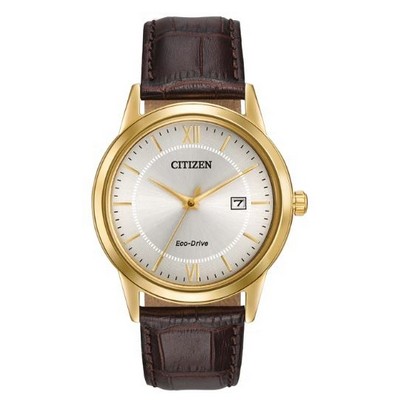 Citizen® Men's Eco-Drive® Brown Leather Strap Watch w/Ivory Dial & Gold Accents