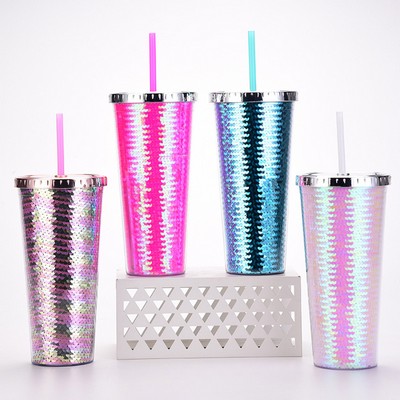 24 Oz. Double Wall Insulated Plastic Glitter Straw Mug