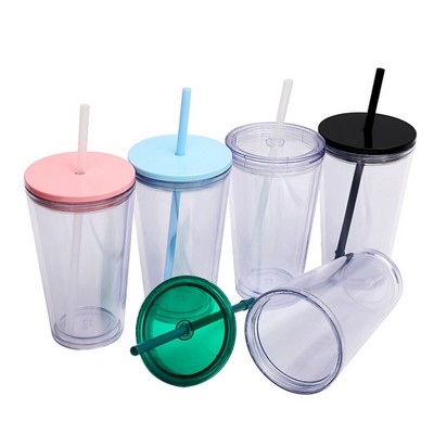 16 Oz. Double Wall Clear Plastic Tumbler with Straw