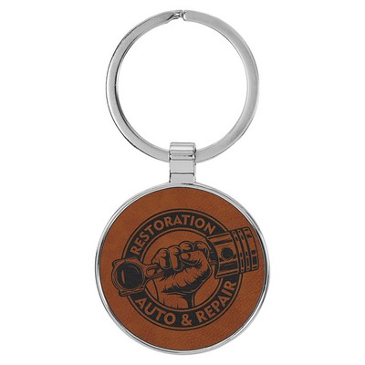 1 1/2" Laserable Leatherette/Metal Rawhide Round Keychain