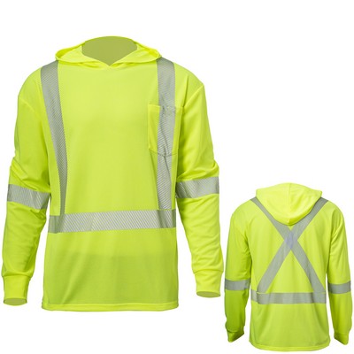 Hi Vis 3.8 Oz. Polyester Class 3 Segmented Tape Cross Back Safety Hooded Pocket T-Shirt