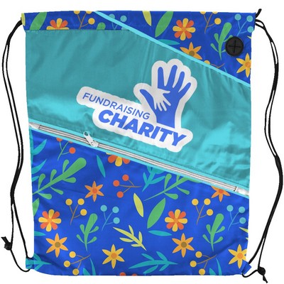 Full Sublimation Multi-Panel Polyester Drawstring Bag with Slant-Zip Pocket