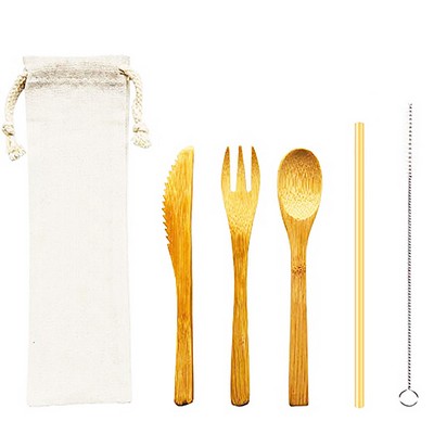 Eco-Friendly Bamboo Utensils 5-Set with Knits in Portable Pouch