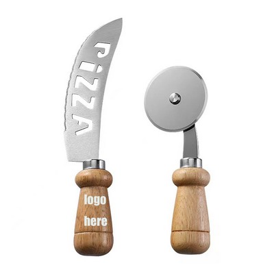 Stainless Steel Pizza Cutter Wheel Set w/Wooden Handle