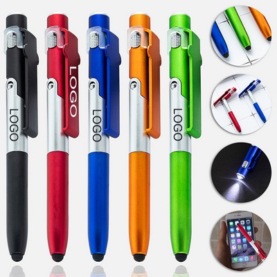 4-in-1 Plastic Matte Finish Ballpoint Pen w/LED Light & Phone Stand & Stylus