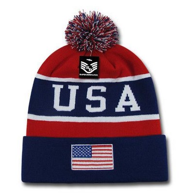 USA America Flag Knit Beanies w/Pom