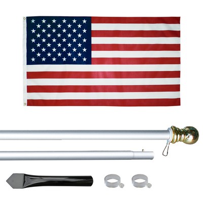 10' Silver Inground Economy Aluminum Display Pole w/ 3' x 5' Printed US Flag