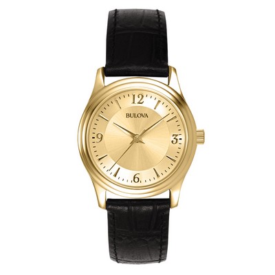 Bulova Watches Corporate Collection Ladies' Black Leather Strap Watch w/Gold Dial