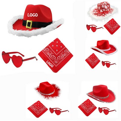 Red Santa Cowboy Hat Scarf Glasses Set