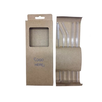 4-Pack Reusable Clear Glass Straw Set with Cleaning Brush