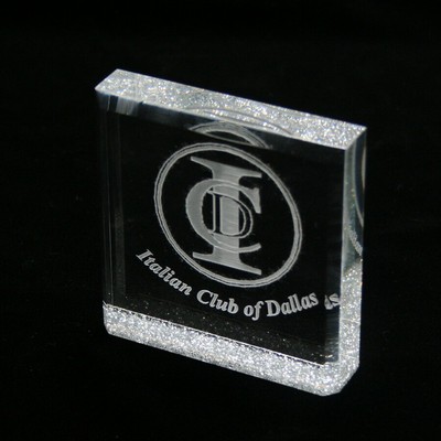 Beveled Square Paperweight w/Glitter Accents (4"x4")