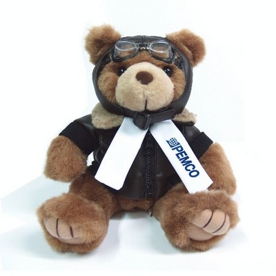 12" Brown Aviator Stuffed Bear w/One Color Imprint