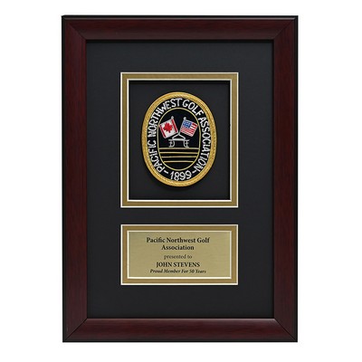 Mahogany Shadow Box Frame w Double beveled gallery matting for patch and imprinted plate.