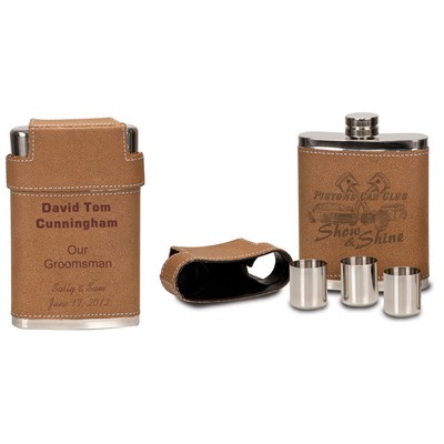 7 Oz. Leather Flask Set w/3 Cup Kit