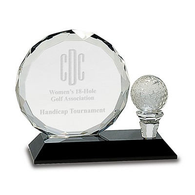 Round Faceted Crystal Award w/Golf Ball Detail