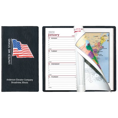 Executive Vinyl Cover w/ Pre-Printed Flag - Weekly Planner w/ Map (2 Color Insert)