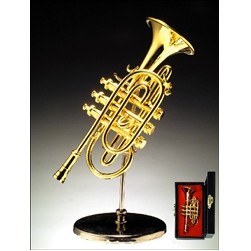 Gold Brass Cornet miniature with Stand & Case 3.5"H