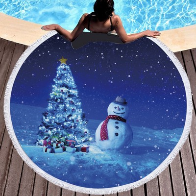 60" Dia Microfiber Round Large Beach Towel for Christmas w/Tassel/Fringe