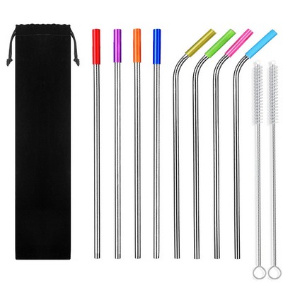 Stainless Steel Straws Silicone Tips W/ Cleaning Brush Pouch