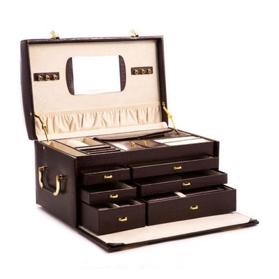 Brown "Croco" Leather Jewelry Chest w/2 Removable Travel Cases & Mirror & Locking Clasps