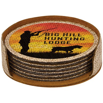 4" x 4" - Round Burlap Coaster Set and Holder