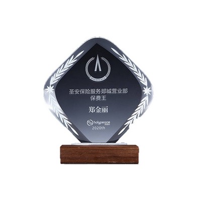 Custom Clear Crystal Trophy With Wooden Base