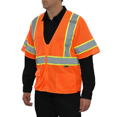 Hi-Vis Mesh Zip Economy Safety Vest w/Contrasting Tape-Fluorescent Red-Orange