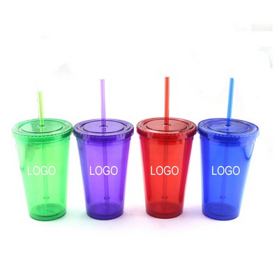 16oz Double Wall Plastic Tumbler Cups With Lid And Straw