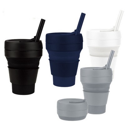 12 Oz. Collapsible Travel Silicone Straw Coffee Cup with Lid