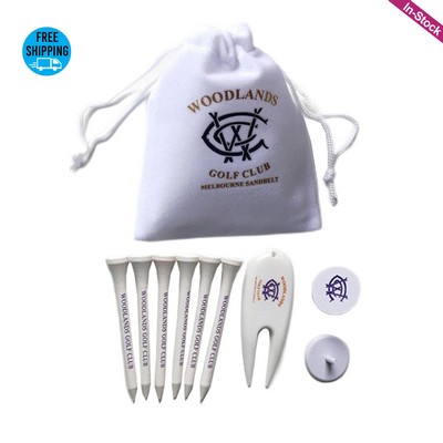 Golf Pack of 6 Tees, 2 Ball Markers, 1 Divot Tool in White Drawstring Bag