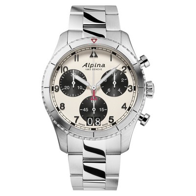 Alpina Mens Startimer Stainless Steel Bracelet Watch, White Dial