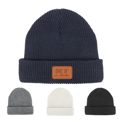 Cuffed Knit Beanie With Faux Leather Patch