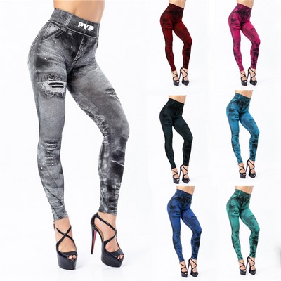 Women's Print Denim Fake Jeans Leggings