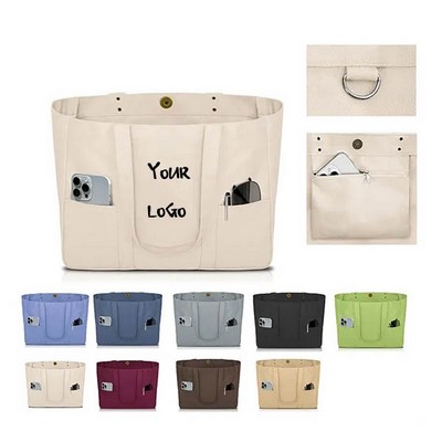 Large Canvas Tote Bag with Pockets and Laptop Sleeve